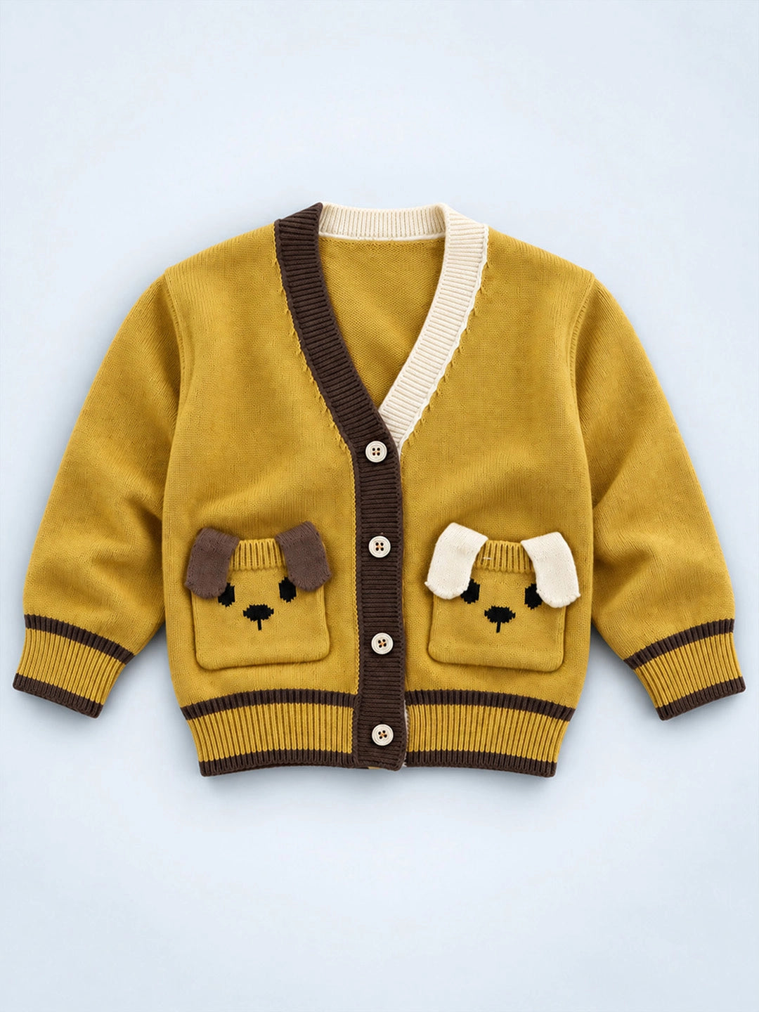 Olive Yellow V-Neck Puppy Pocket V Neck Winter Cardigan Sweater for Kids