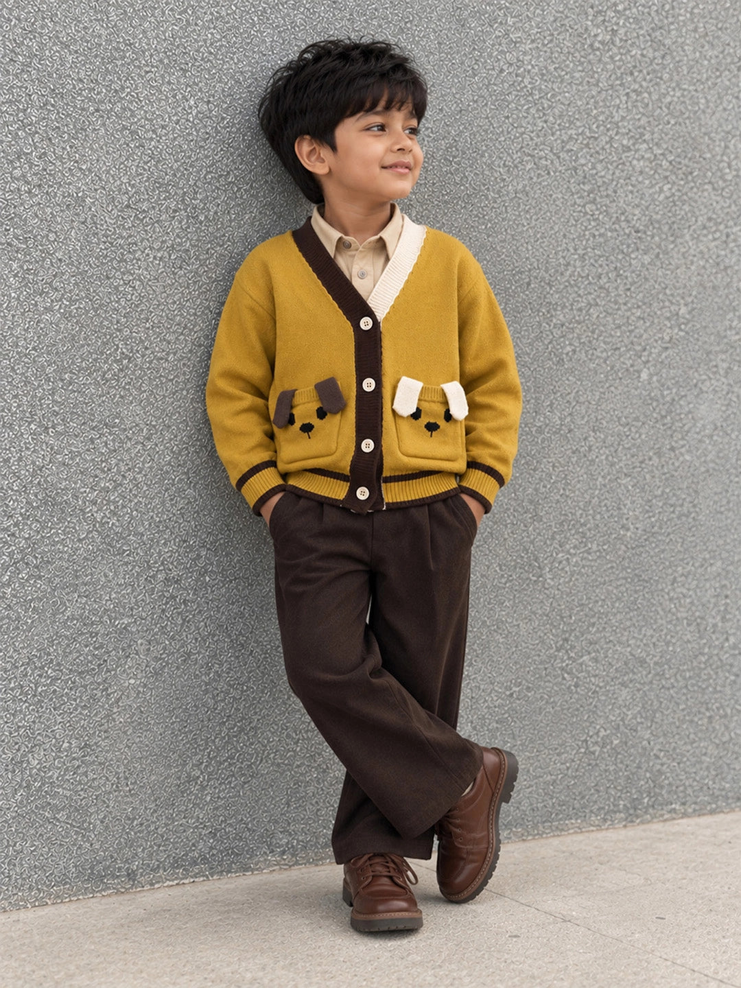 Olive Yellow V-Neck Puppy Pocket V Neck Winter Cardigan Sweater for Kids