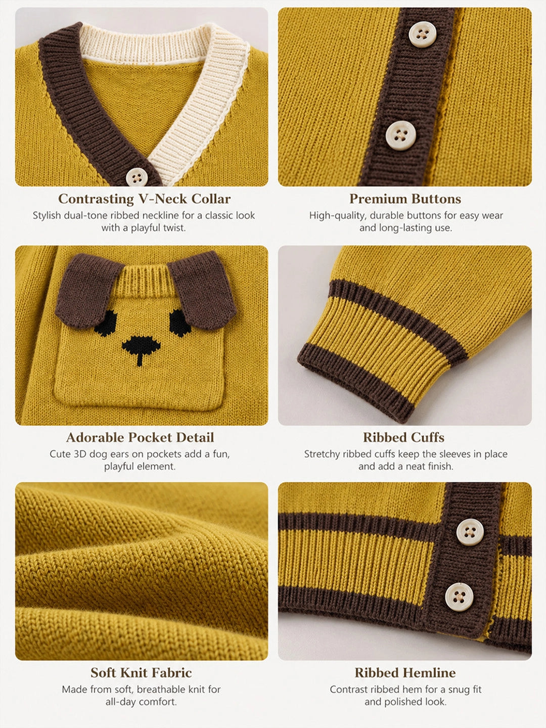 Olive Yellow V-Neck Puppy Pocket V Neck Winter Cardigan Sweater for Kids