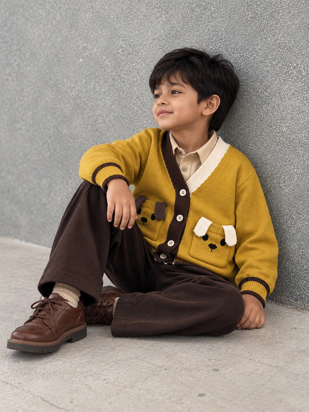 Olive Yellow V-Neck Puppy Pocket V Neck Winter Cardigan Sweater for Kids