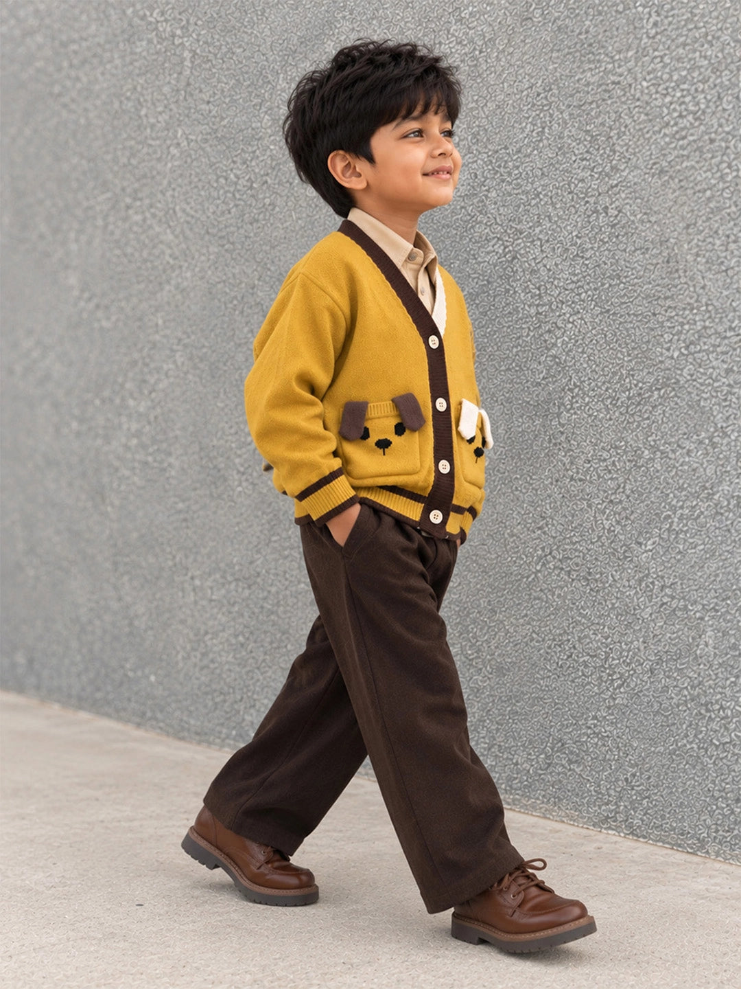 Olive Yellow V-Neck Puppy Pocket V Neck Winter Cardigan Sweater for Kids