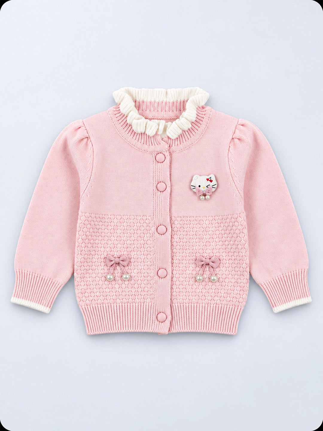 Peach Ruffle Neck Cat Bow Knitted Winter Cardigan Sweater for Girls