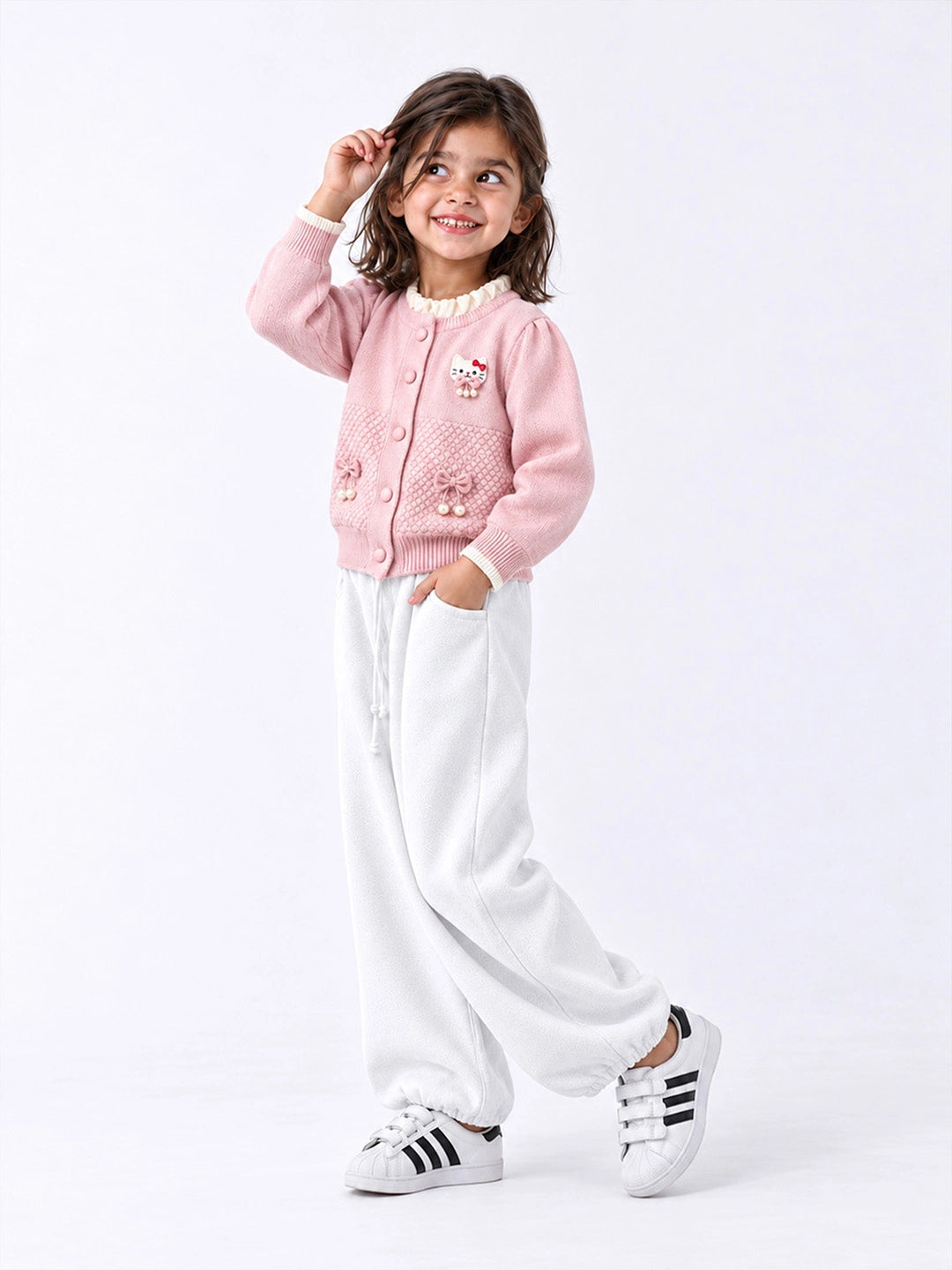Peach Ruffle Neck Cat Bow Knitted Winter Cardigan Sweater for Girls
