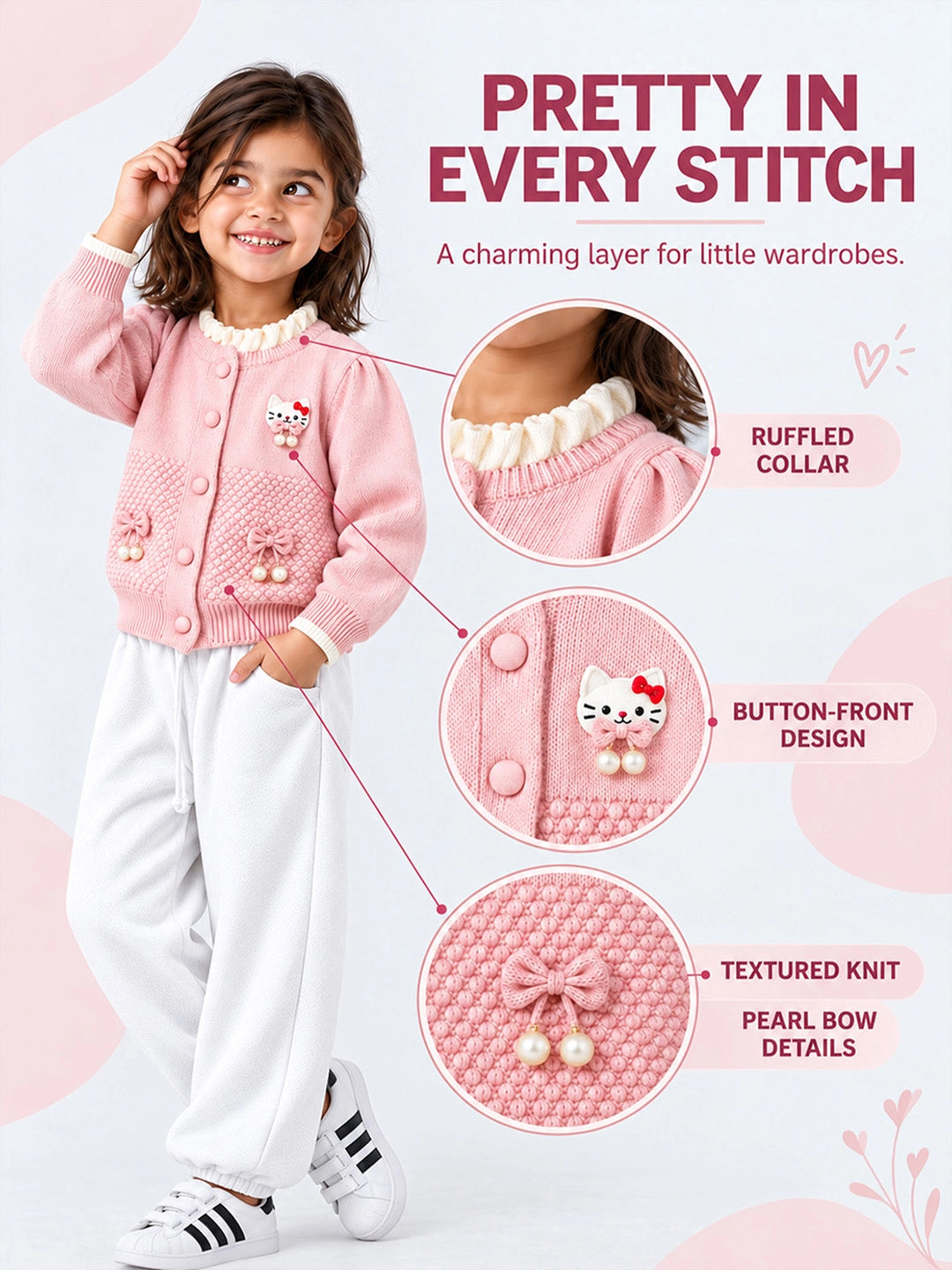 Peach Ruffle Neck Cat Bow Knitted Winter Cardigan Sweater for Girls