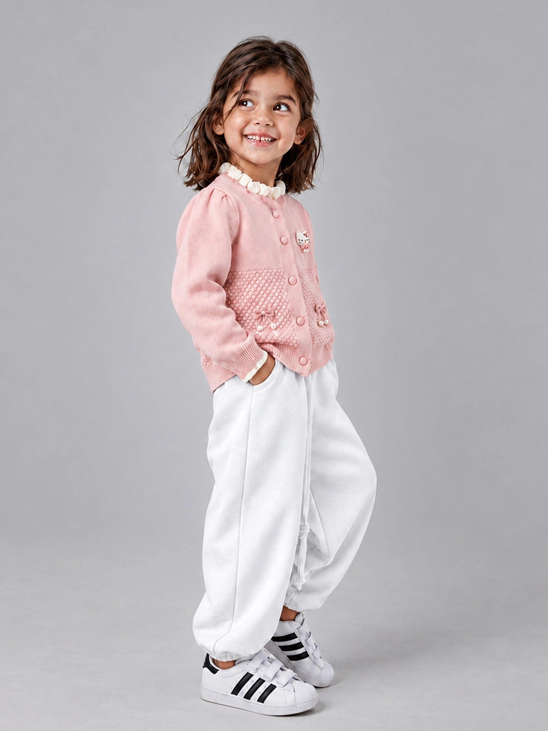 Peach Ruffle Neck Cat Bow Knitted Winter Cardigan Sweater for Girls