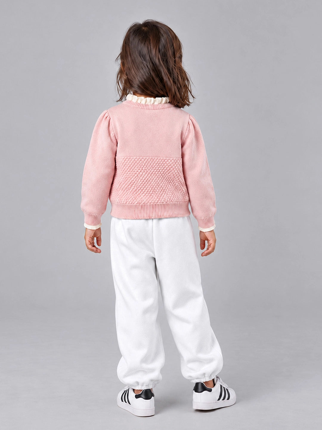 Peach Ruffle Neck Cat Bow Knitted Winter Cardigan Sweater for Girls
