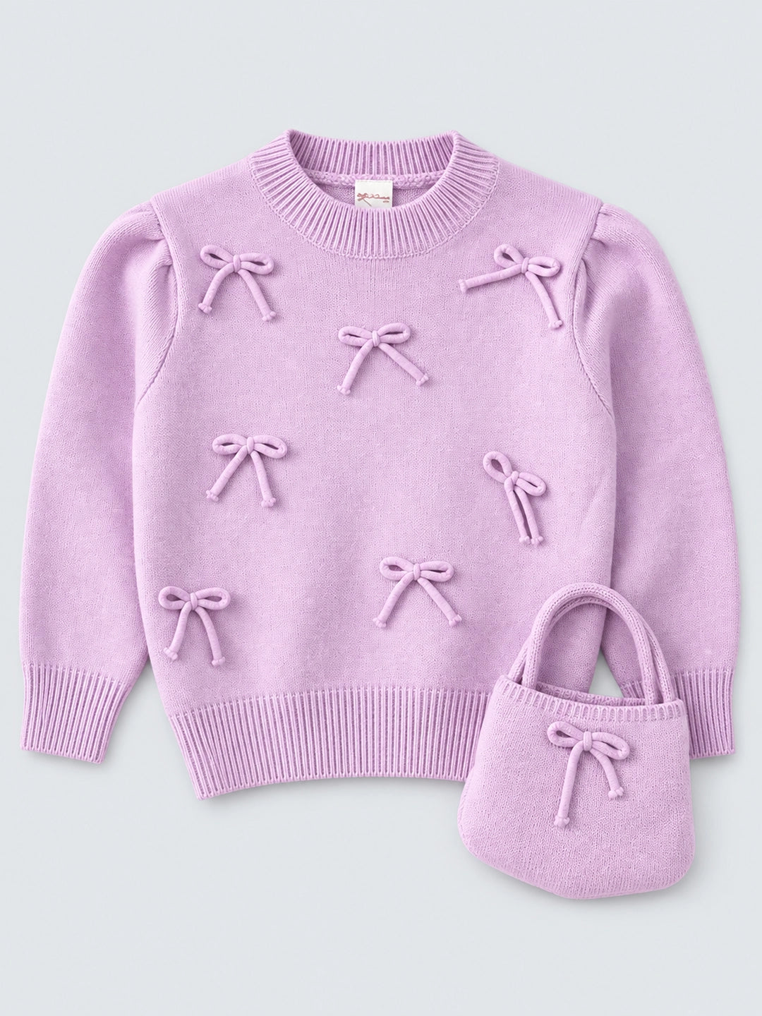 Purple Bow Knit Cardigan with Matching Sling Bag, Winter Cardigan Sweater for Kids