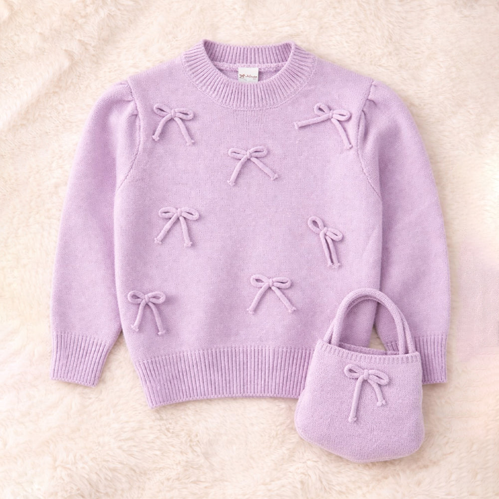 Purple Bow Knit Cardigan with Matching Sling Bag, Winter Cardigan Sweater for Kids