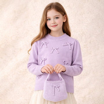 Purple Bow Knit Cardigan with Matching Sling Bag, Winter Cardigan Sweater for Kids