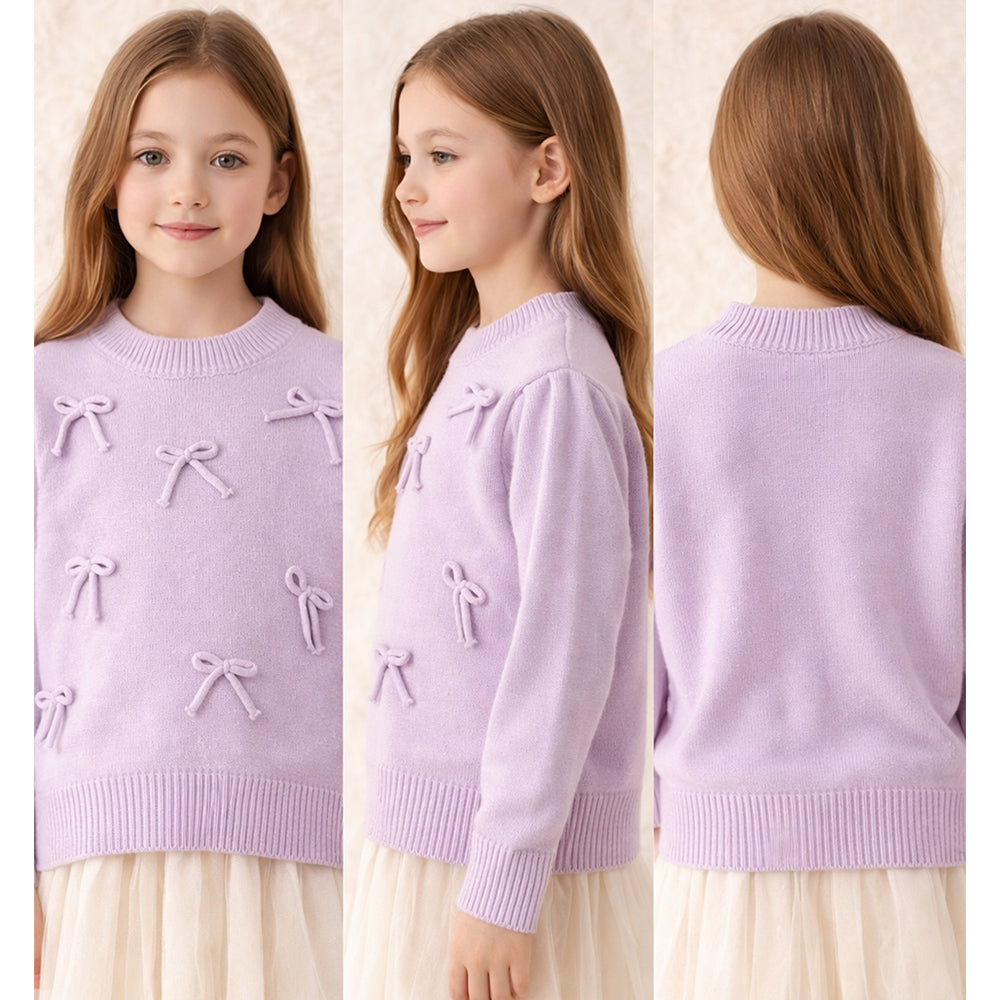 Purple Bow Knit Cardigan with Matching Sling Bag, Winter Cardigan Sweater for Kids