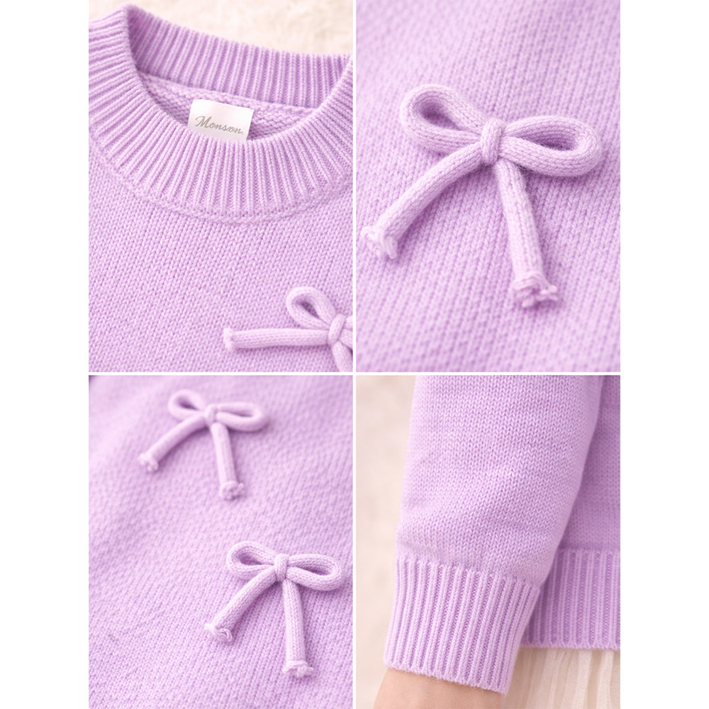 Purple Bow Knit Cardigan with Matching Sling Bag, Winter Cardigan Sweater for Kids