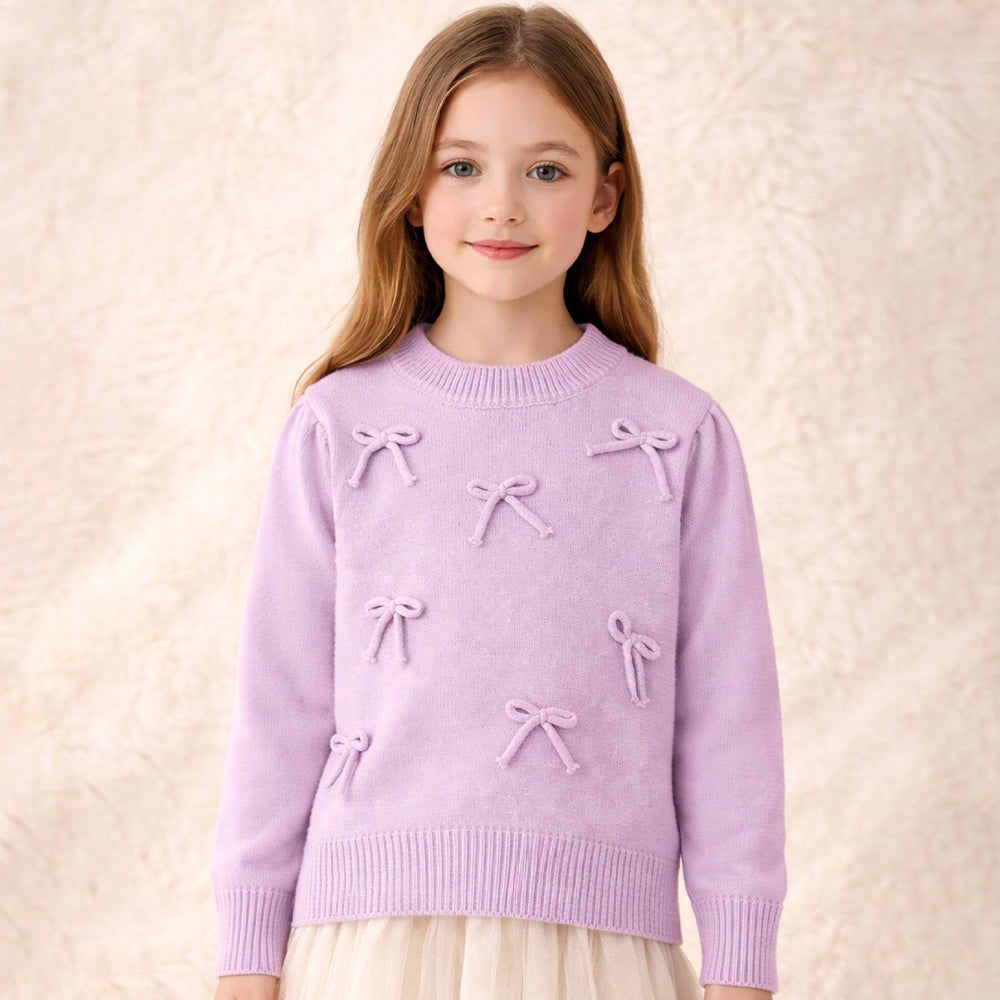 Purple Bow Knit Cardigan with Matching Sling Bag, Winter Cardigan Sweater for Kids