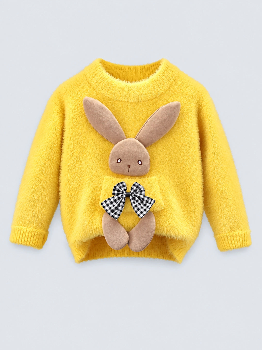 Yellow with 3d Bunny Kids Cardigan Sweater, Round Neck