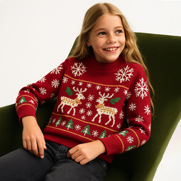 سترة كارديجان للأطفال باللون العنابي، رقاقات الثلج والغزلان، رقبة دائرية