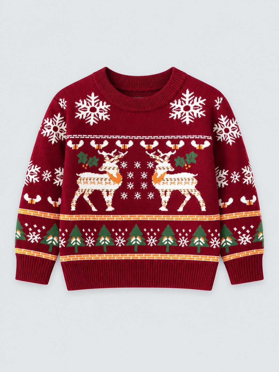 Maroon, Snowflakes & Deer Kids Cardigan Sweater, Round Neck