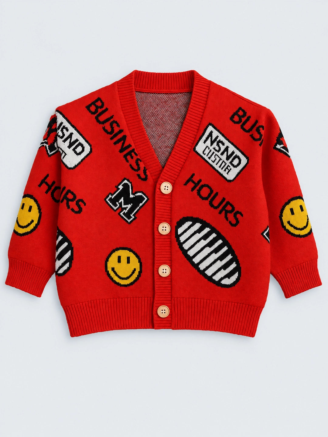 Red Smiley Print Button Down Winter Cardigan, Winter Cardigan Sweater for Kids
