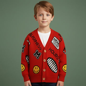 Red Smiley Print Button Down Winter Cardigan, Winter Cardigan Sweater for Kids