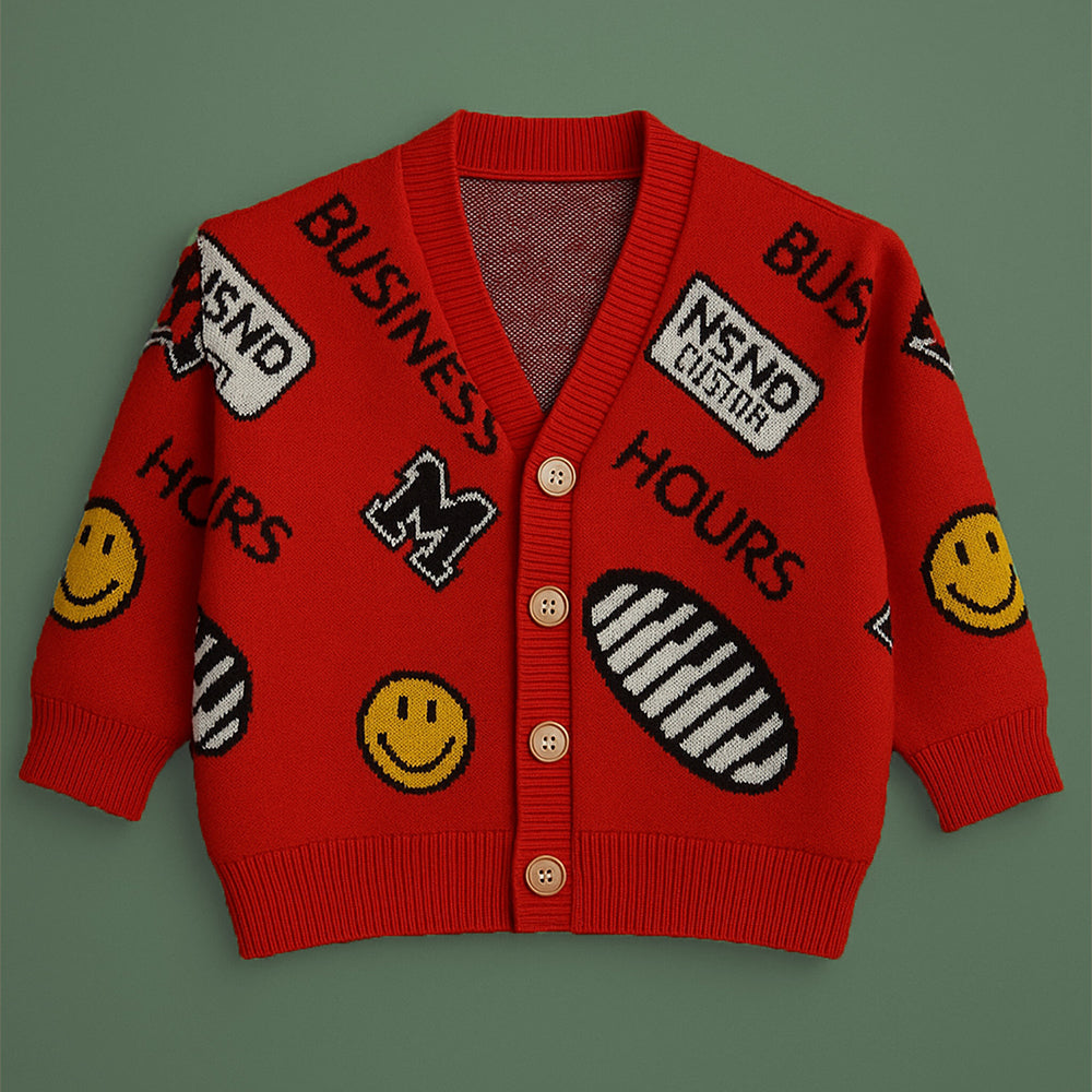 Red Smiley Print Button Down Winter Cardigan, Winter Cardigan Sweater for Kids