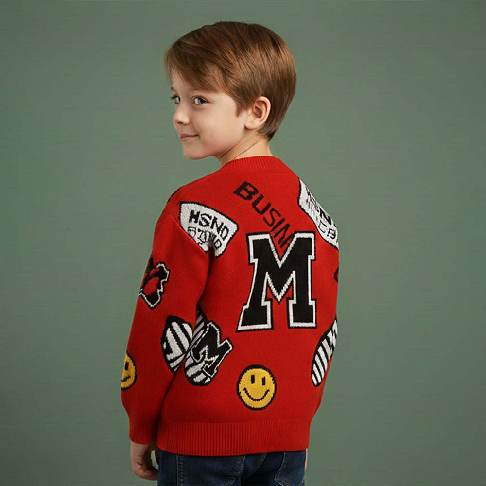 Red Smiley Print Button Down Winter Cardigan, Winter Cardigan Sweater for Kids