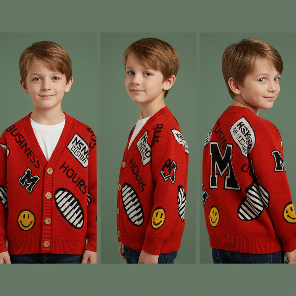 Red Smiley Print Button Down Winter Cardigan, Winter Cardigan Sweater for Kids