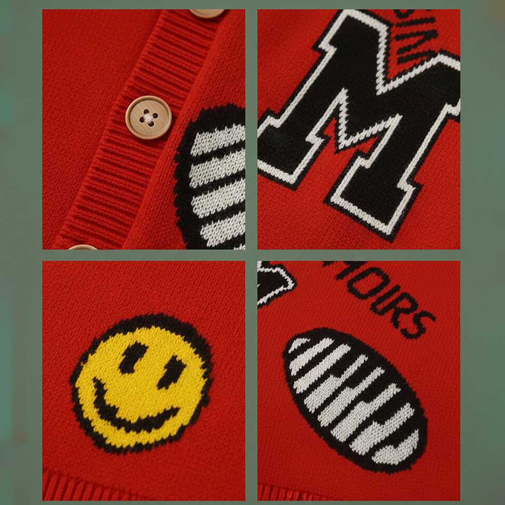 Red Smiley Print Button Down Winter Cardigan, Winter Cardigan Sweater for Kids