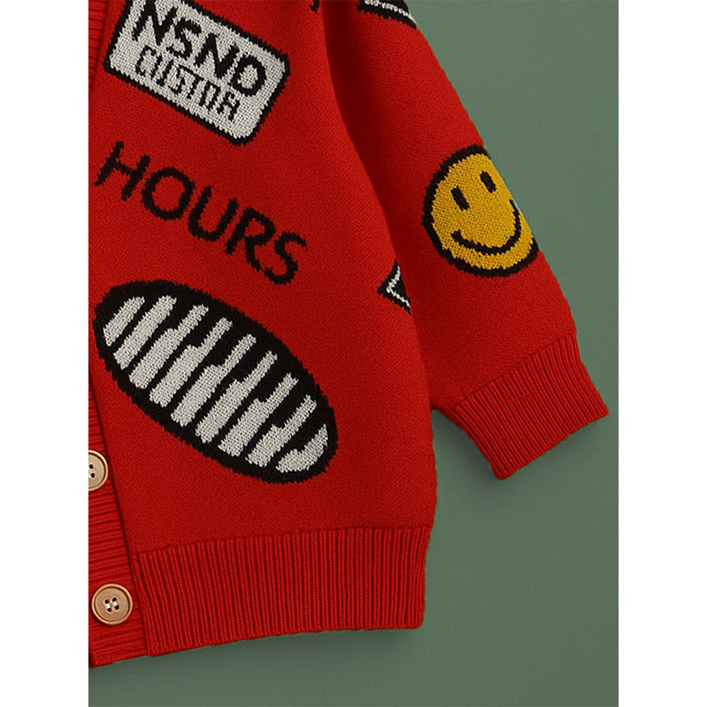 Red Smiley Print Button Down Winter Cardigan, Winter Cardigan Sweater for Kids