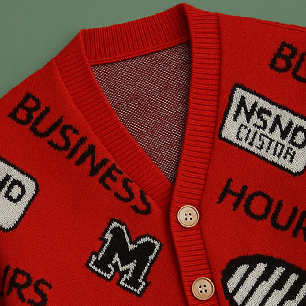 Red Smiley Print Button Down Winter Cardigan, Winter Cardigan Sweater for Kids
