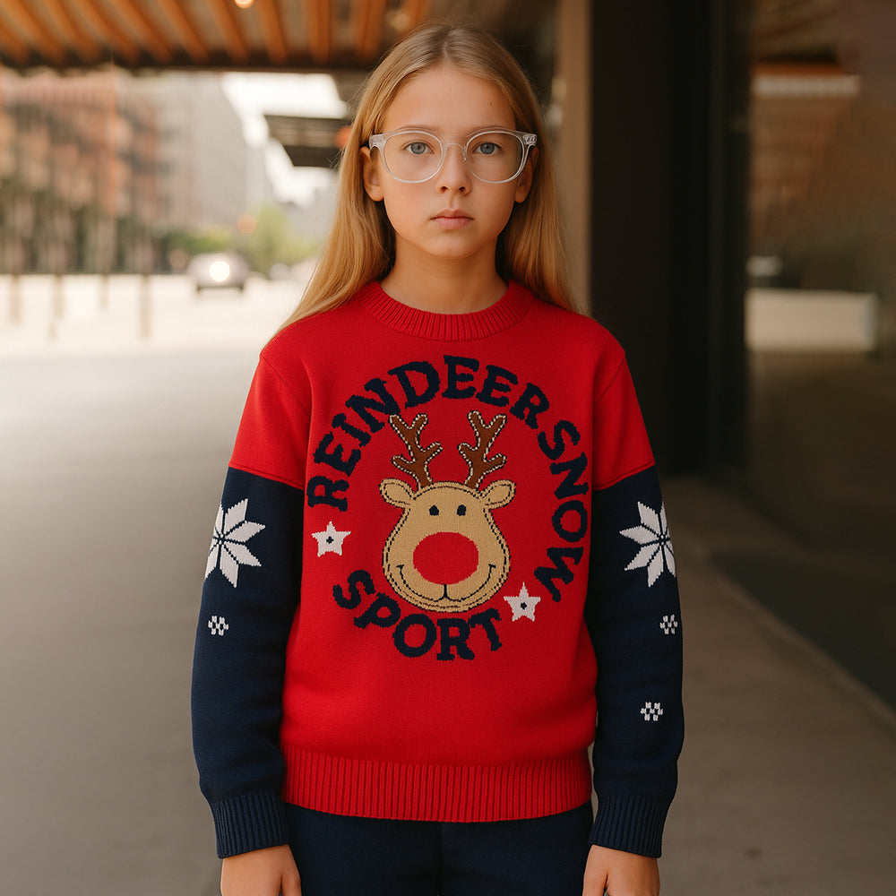 Red Sport Reindeer with Blue Sleeves Warmer Cardigan & Christmas Sweater for toddlers & Kids