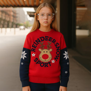 Red Sport Reindeer with Blue Sleeves Warmer Cardigan & Christmas Sweater for toddlers & Kids