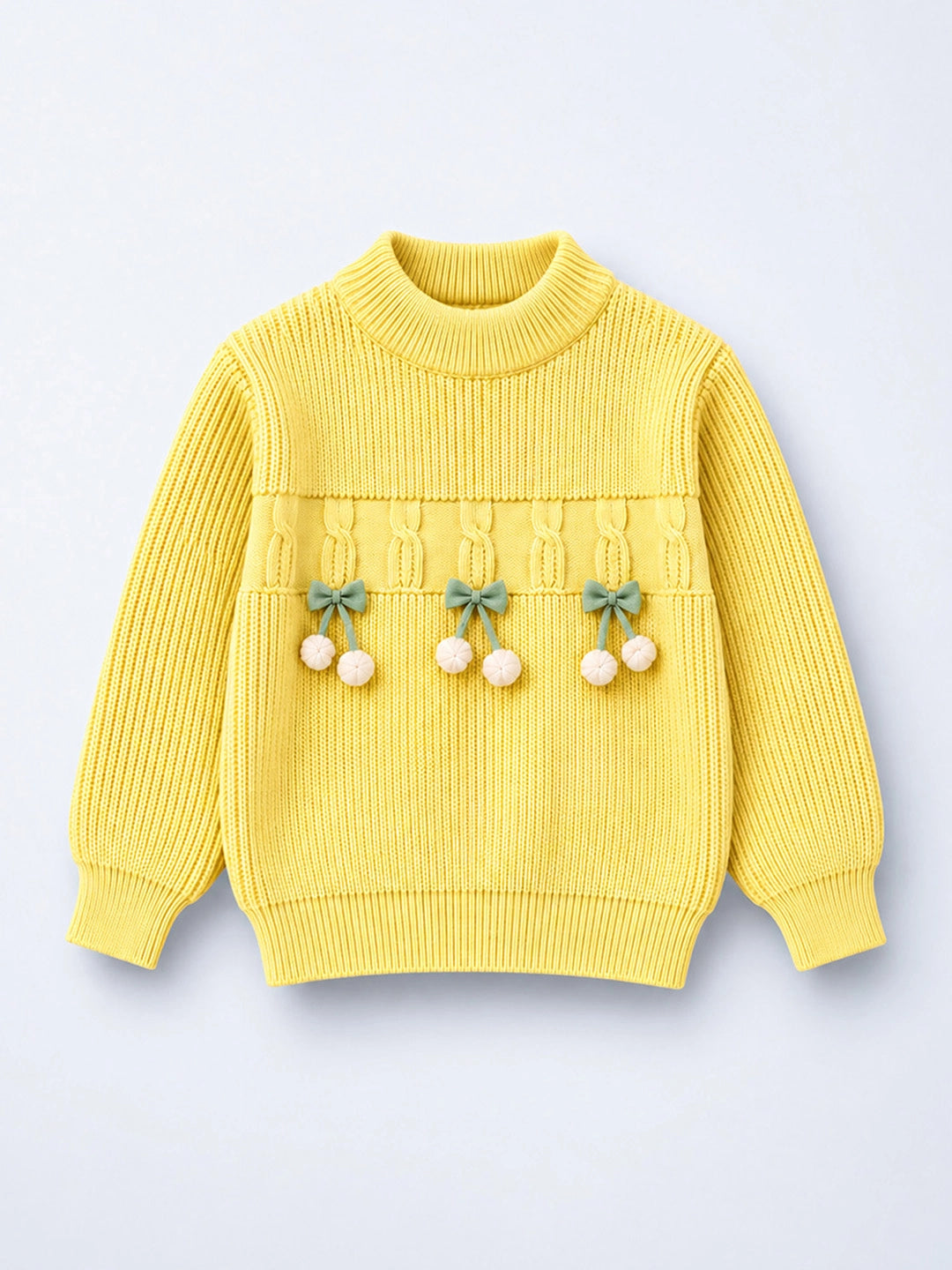 Yellow Bow & Pom-Pom Knitted Winter Cardigan Sweater for Girls