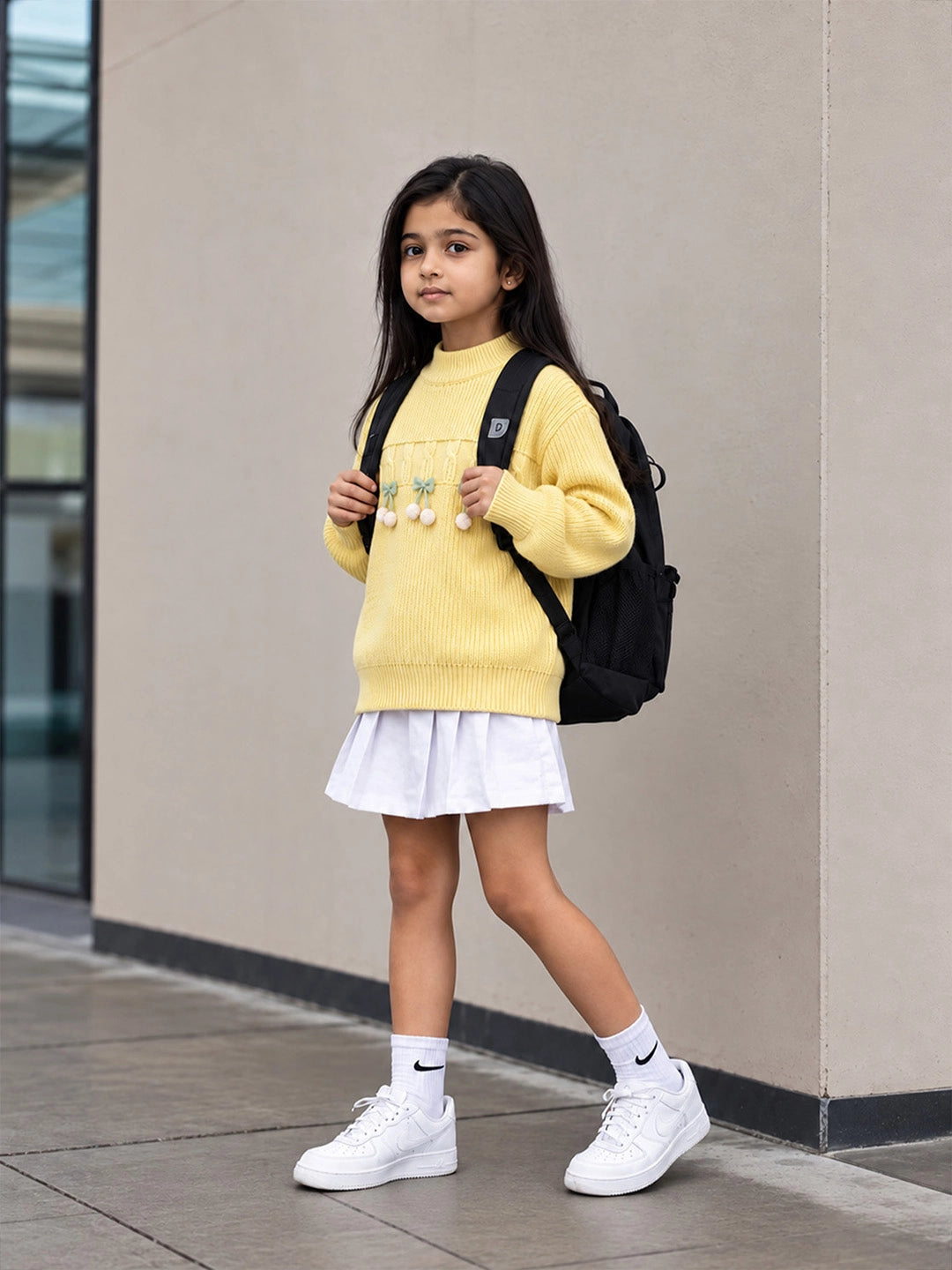 Yellow Bow & Pom-Pom Knitted Winter Cardigan Sweater for Girls