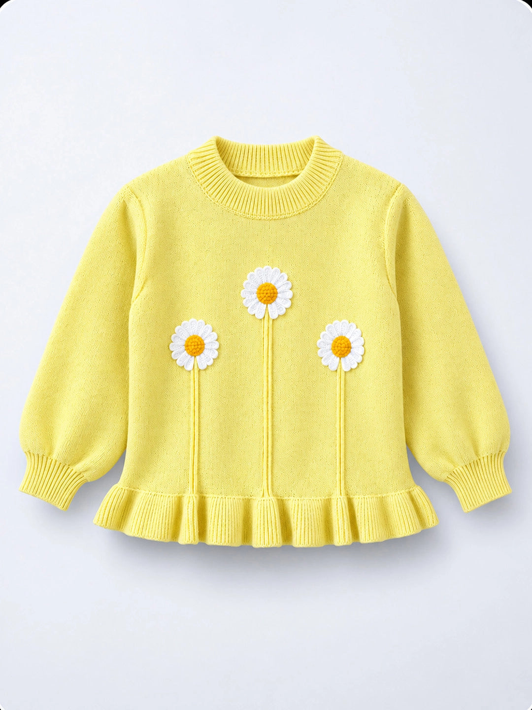 Yellow Daisy Knitted Peplum Winter Cardigan Sweater for Girls