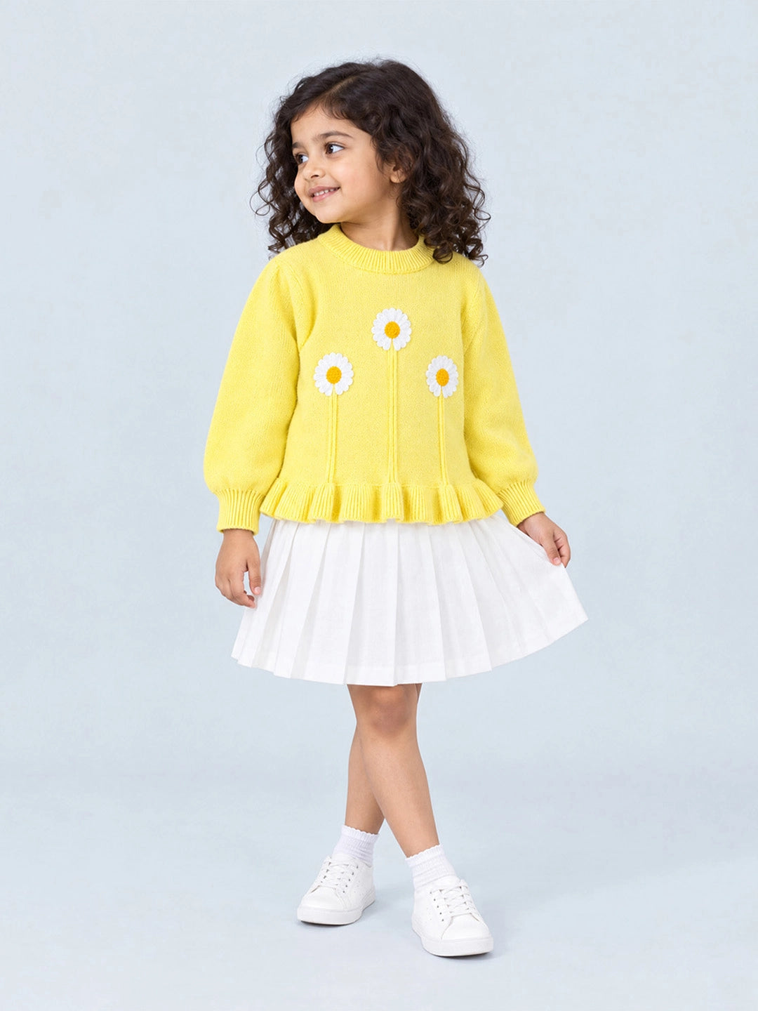 Yellow Daisy Knitted Peplum Winter Cardigan Sweater for Girls