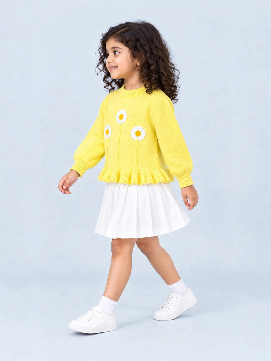 Yellow Daisy Knitted Peplum Winter Cardigan Sweater for Girls