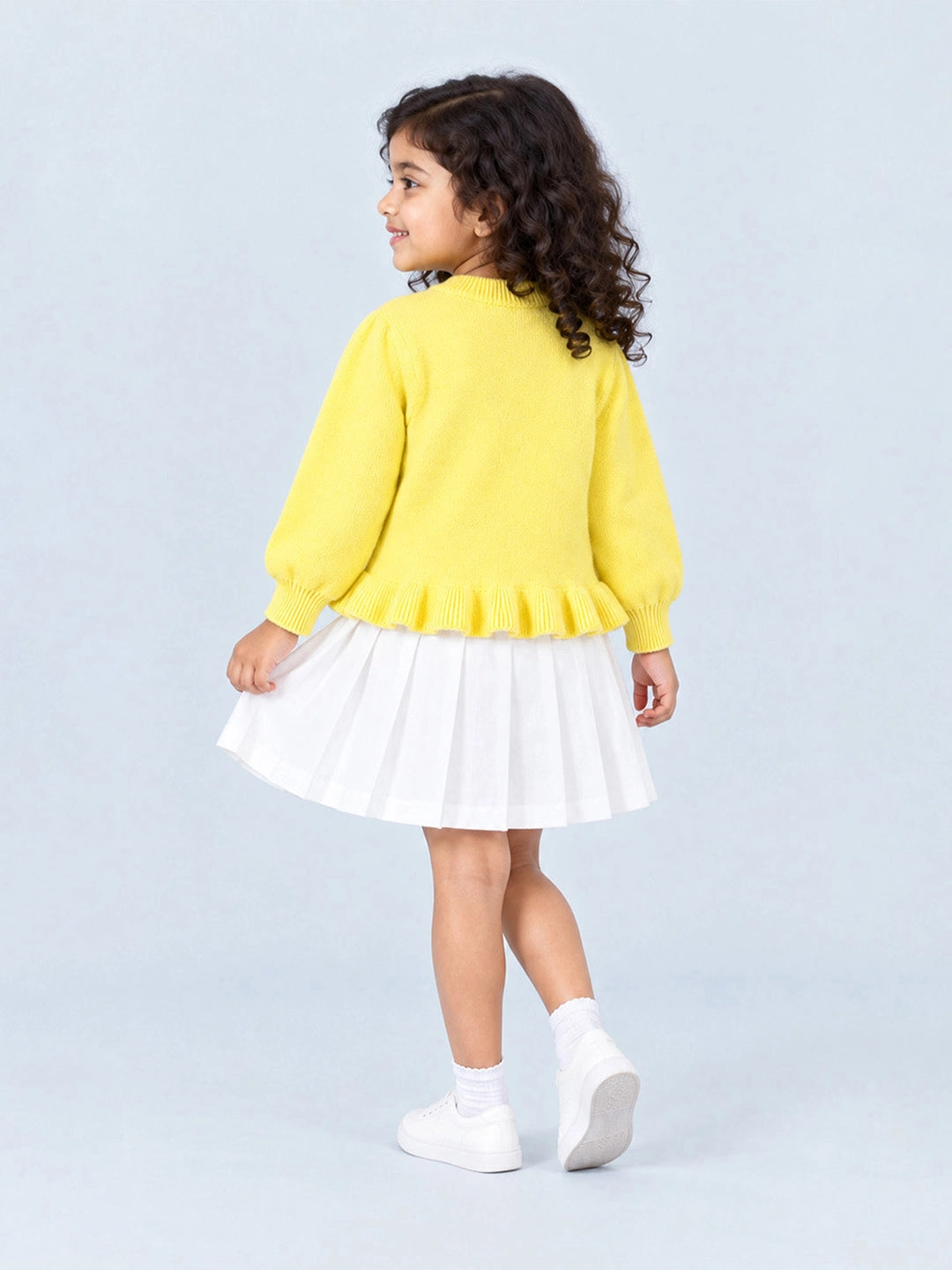 Yellow Daisy Knitted Peplum Winter Cardigan Sweater for Girls