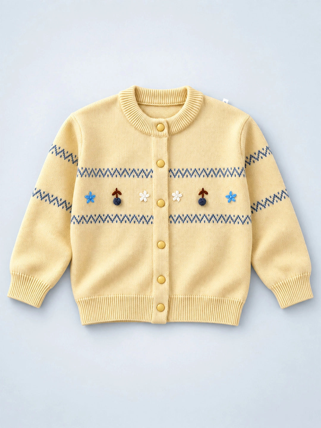 Pastel Yellow Floral Knitted Winter Cardigan Sweater for Kids