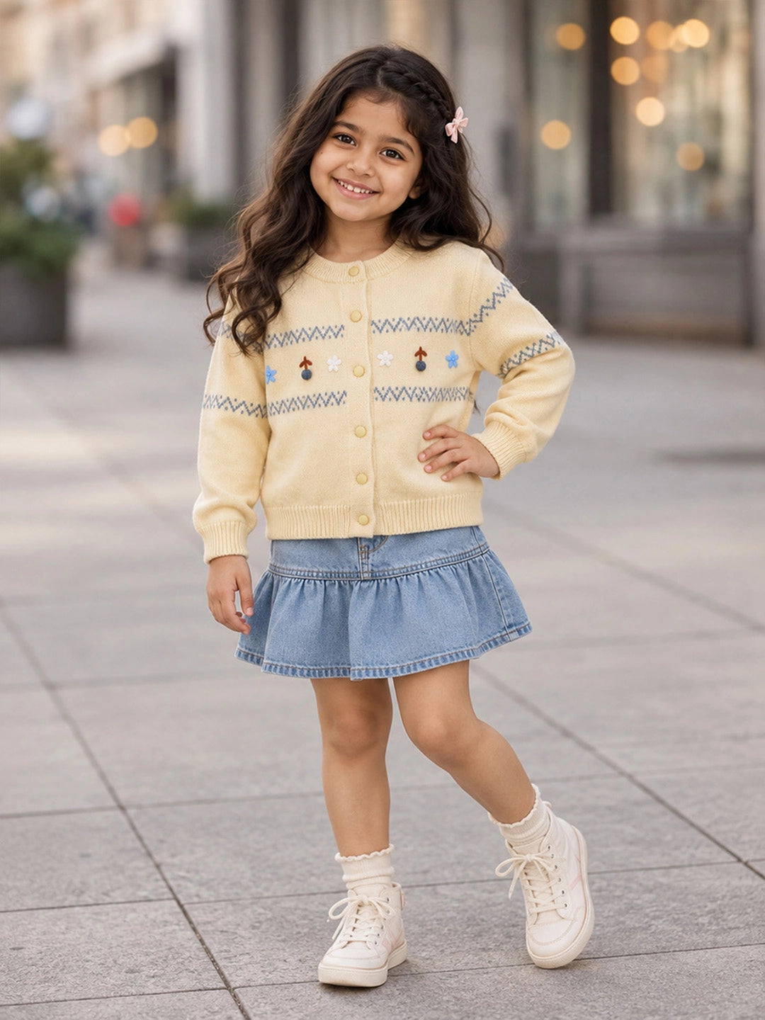 Pastel Yellow Floral Knitted Winter Cardigan Sweater for Kids