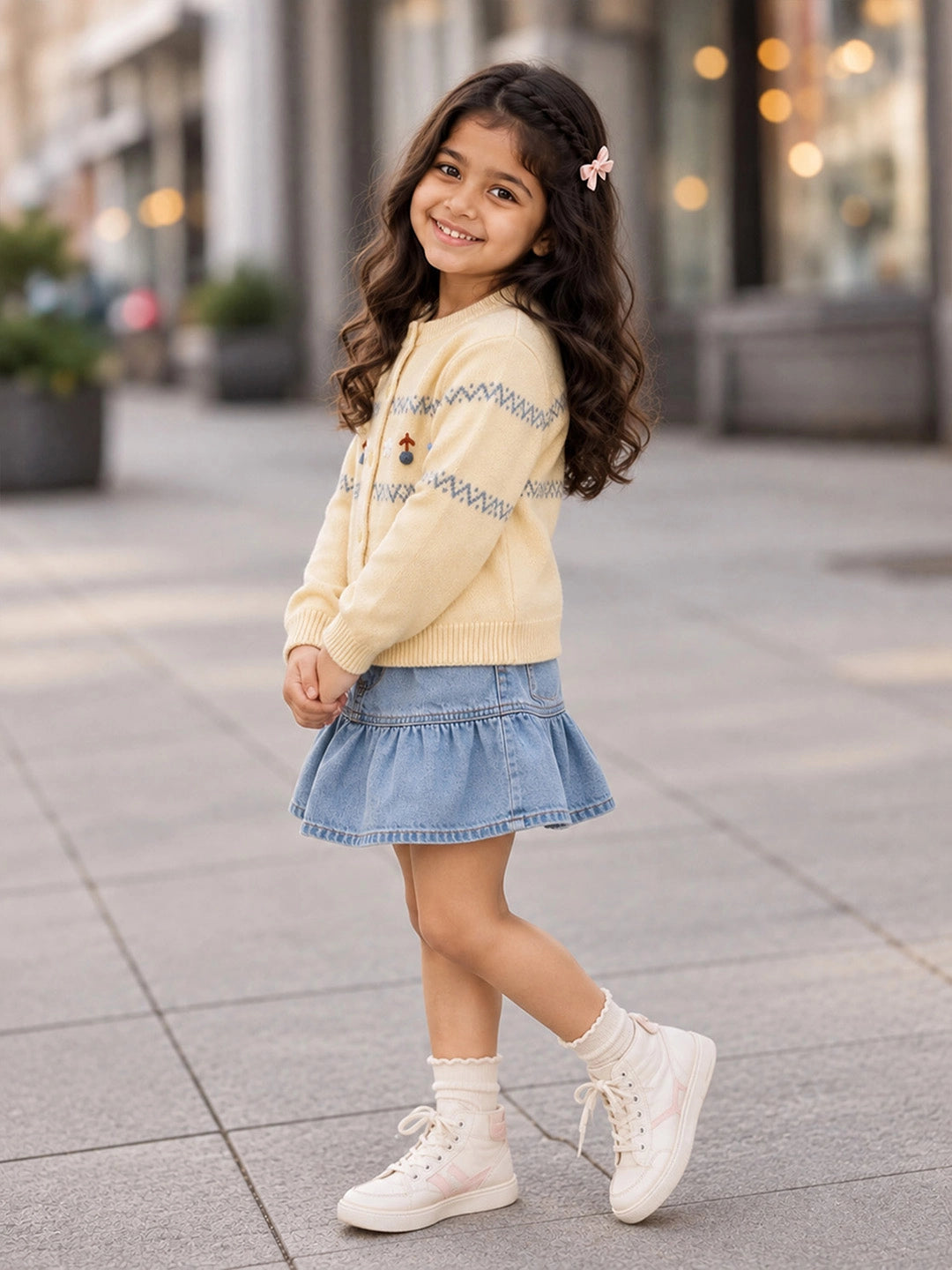 Pastel Yellow Floral Knitted Winter Cardigan Sweater for Kids