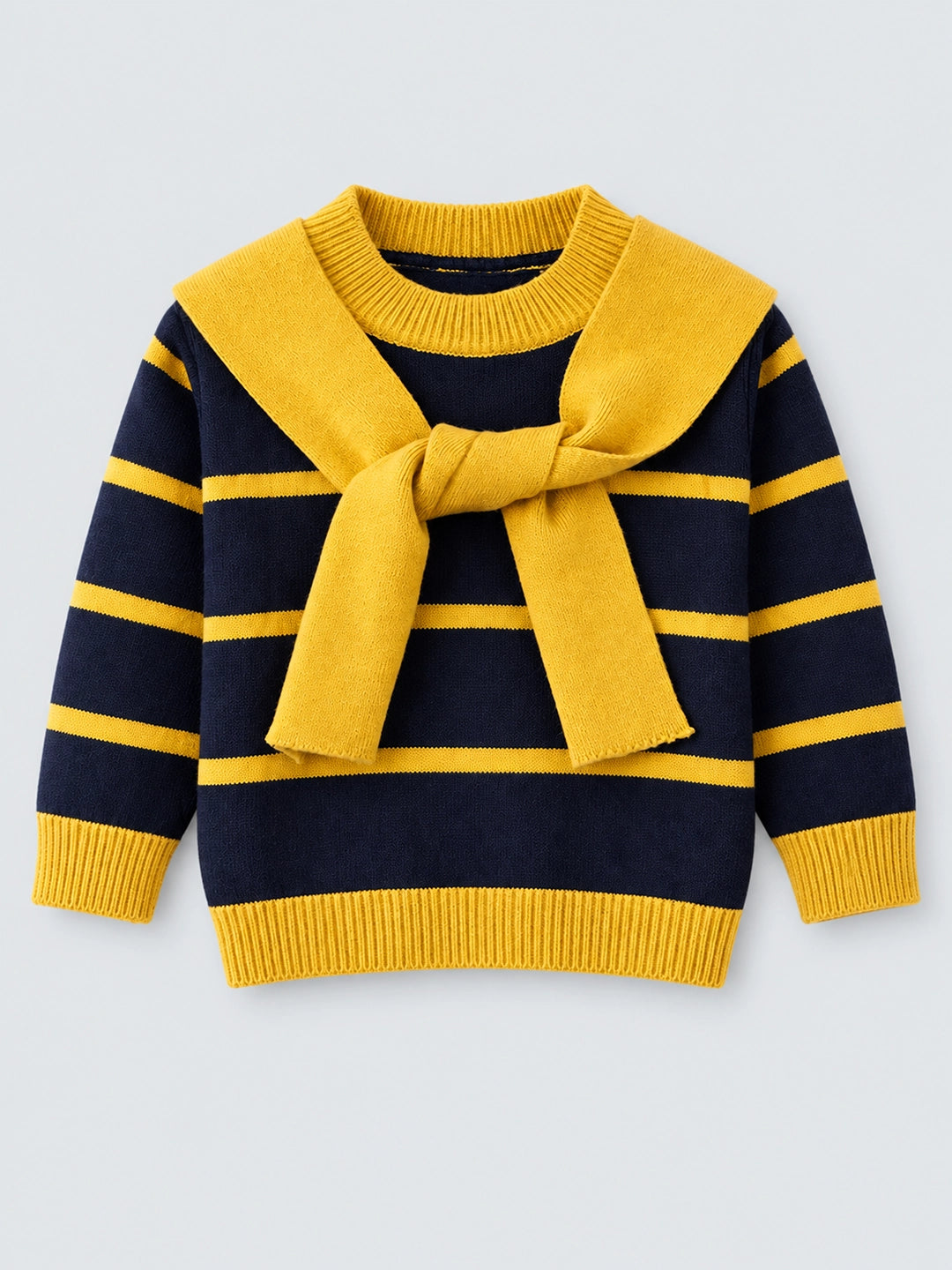 Navy & Yellow Stripes Cardigan with Muffler, Winter Cardigan Sweater for Kids