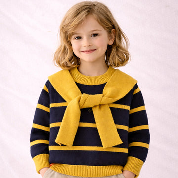 Navy & Yellow Stripes Cardigan with Muffler, Winter Cardigan Sweater for Kids