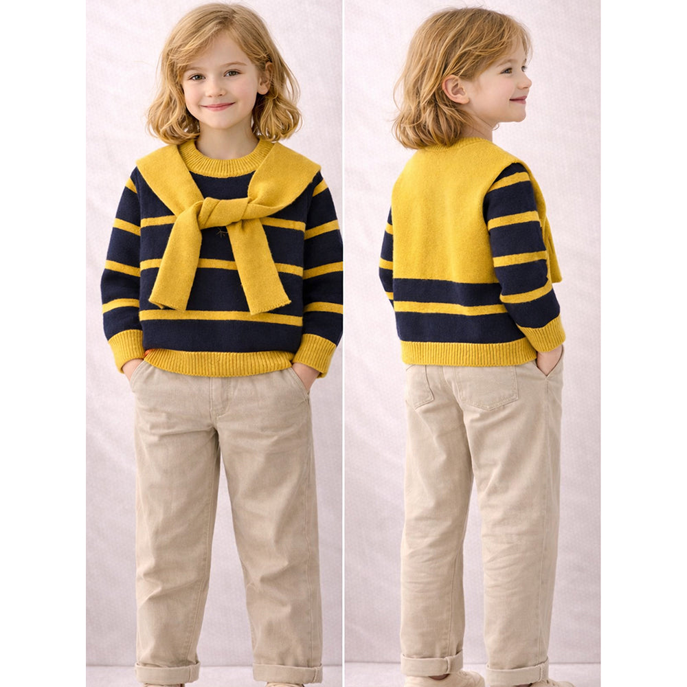Navy & Yellow Stripes Cardigan with Muffler, Winter Cardigan Sweater for Kids