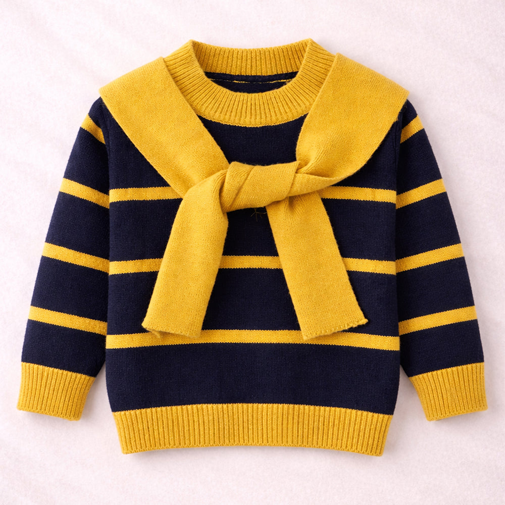 Navy & Yellow Stripes Cardigan with Muffler, Winter Cardigan Sweater for Kids