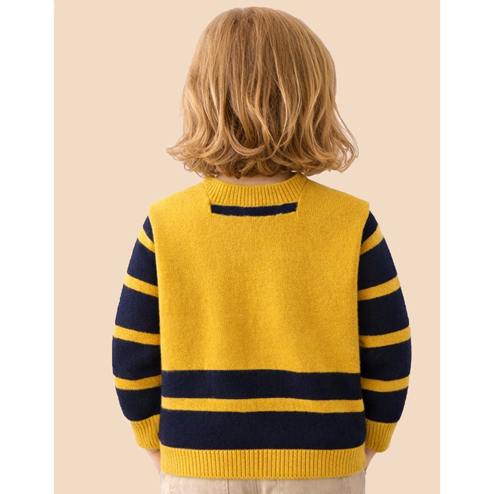 Navy & Yellow Stripes Cardigan with Muffler, Winter Cardigan Sweater for Kids