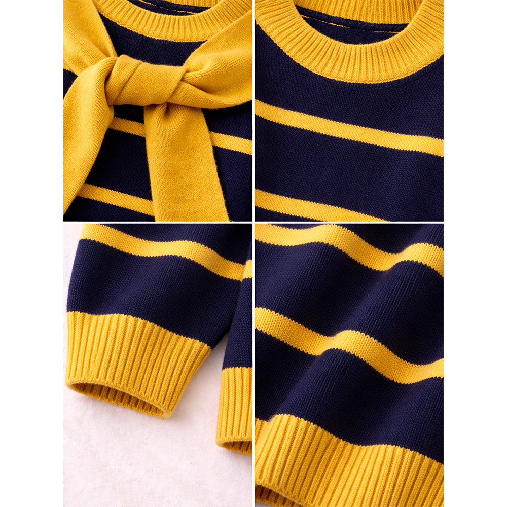 Navy & Yellow Stripes Cardigan with Muffler, Winter Cardigan Sweater for Kids