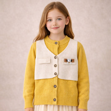 Yellow & Cream Attached Jacket Style Cardigan, Winter Cardigan Sweater for Kids