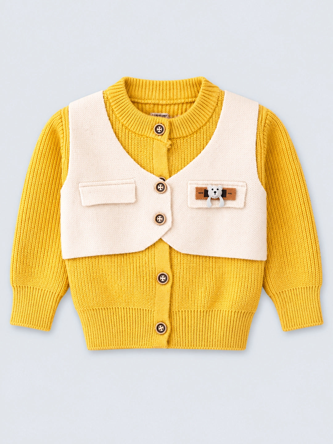 Yellow & Cream Attached Jacket Style Cardigan, Winter Cardigan Sweater for Kids