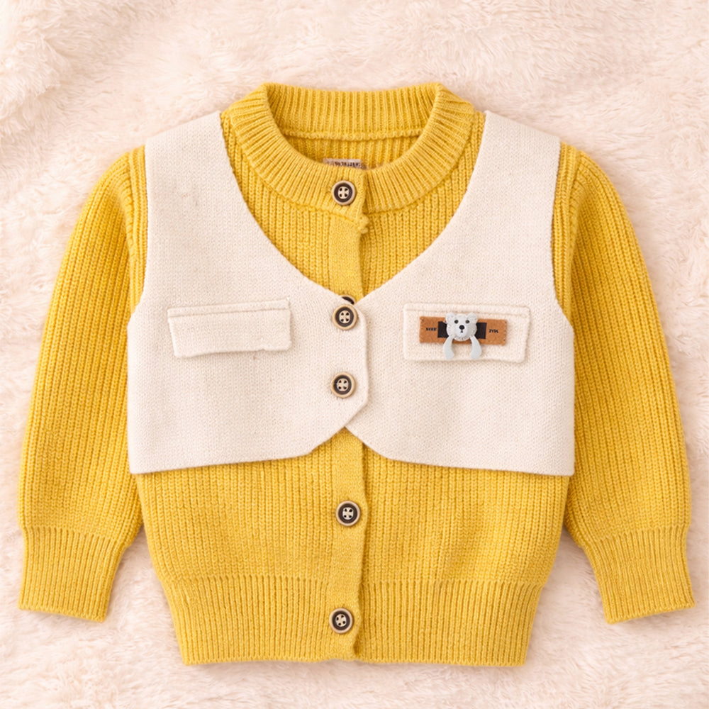 Yellow & Cream Attached Jacket Style Cardigan, Winter Cardigan Sweater for Kids