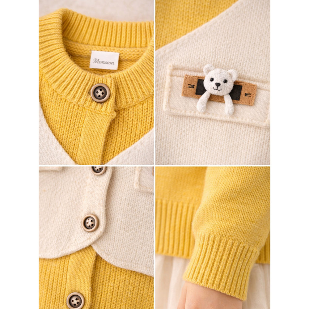Yellow & Cream Attached Jacket Style Cardigan, Winter Cardigan Sweater for Kids