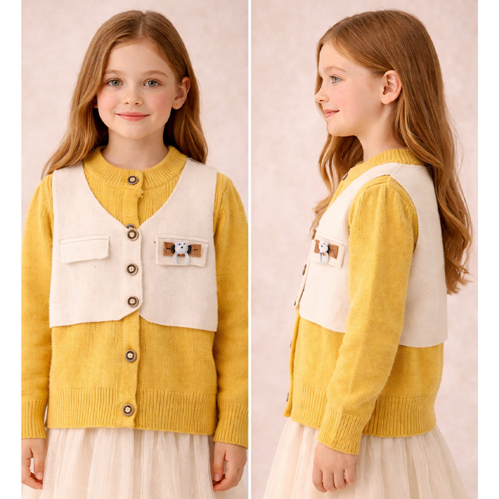 Yellow & Cream Attached Jacket Style Cardigan, Winter Cardigan Sweater for Kids