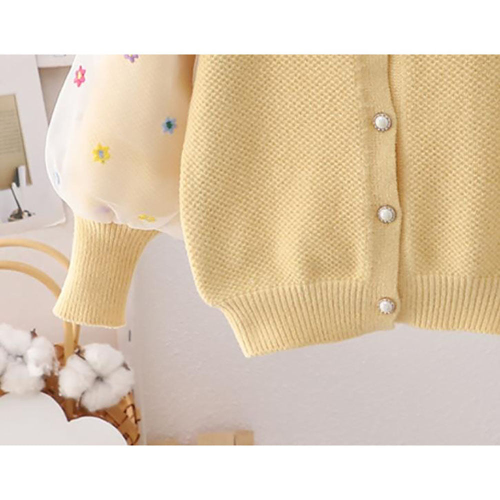 Yellow Floral Puff Style Stylish Warmer Cardigan & Christmas Sweater for toddlers & Kids